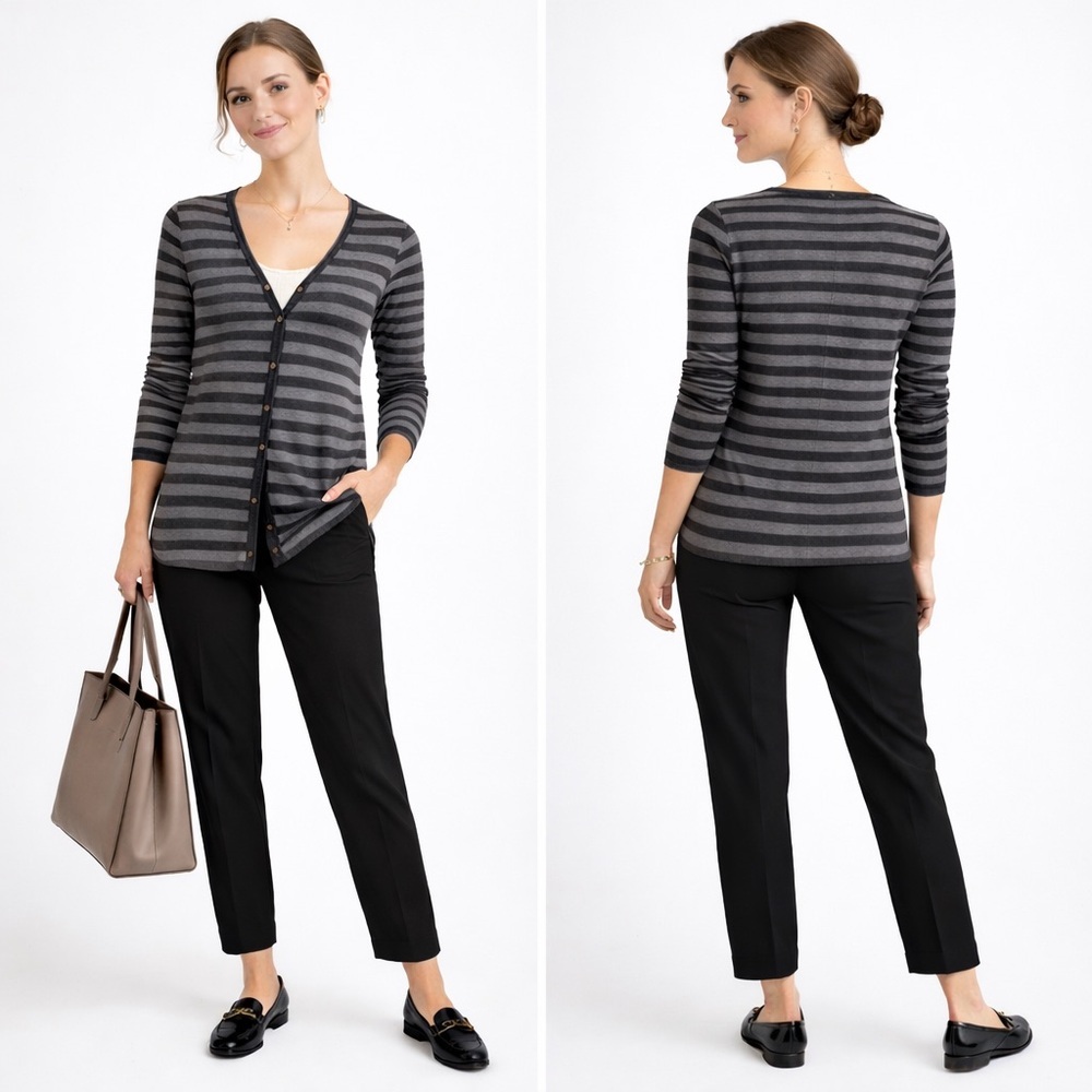 Bobi Black Stripe Cardigan Button Front Cotton/Tencel Sz Small Semi Sheer